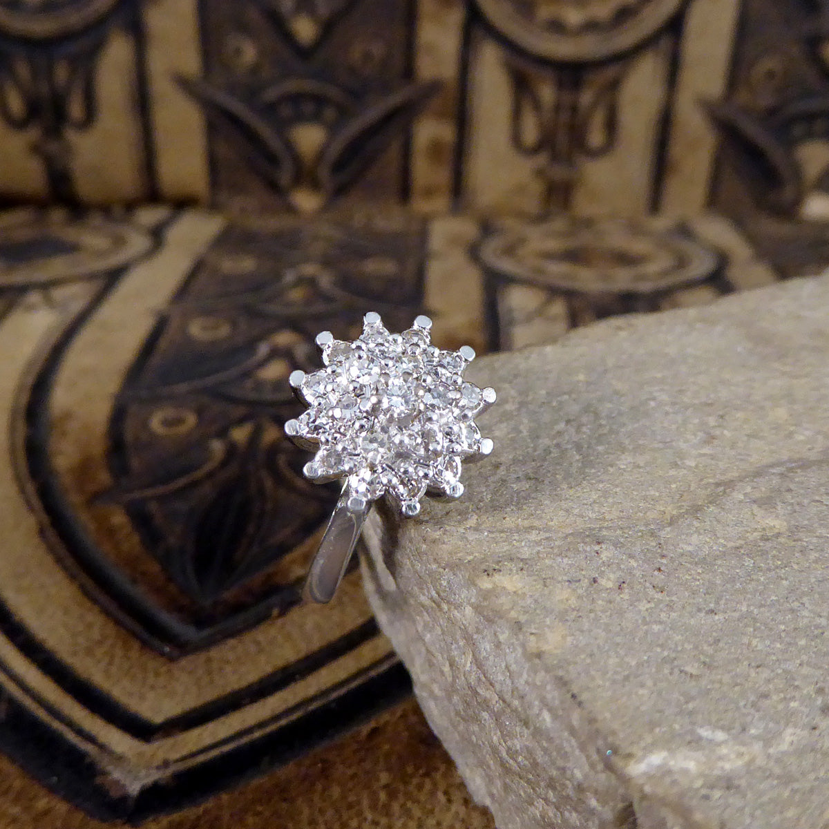 Vintage Diamond Flower Cluster Ring in 18ct White Gold - Wharfedale Antiques