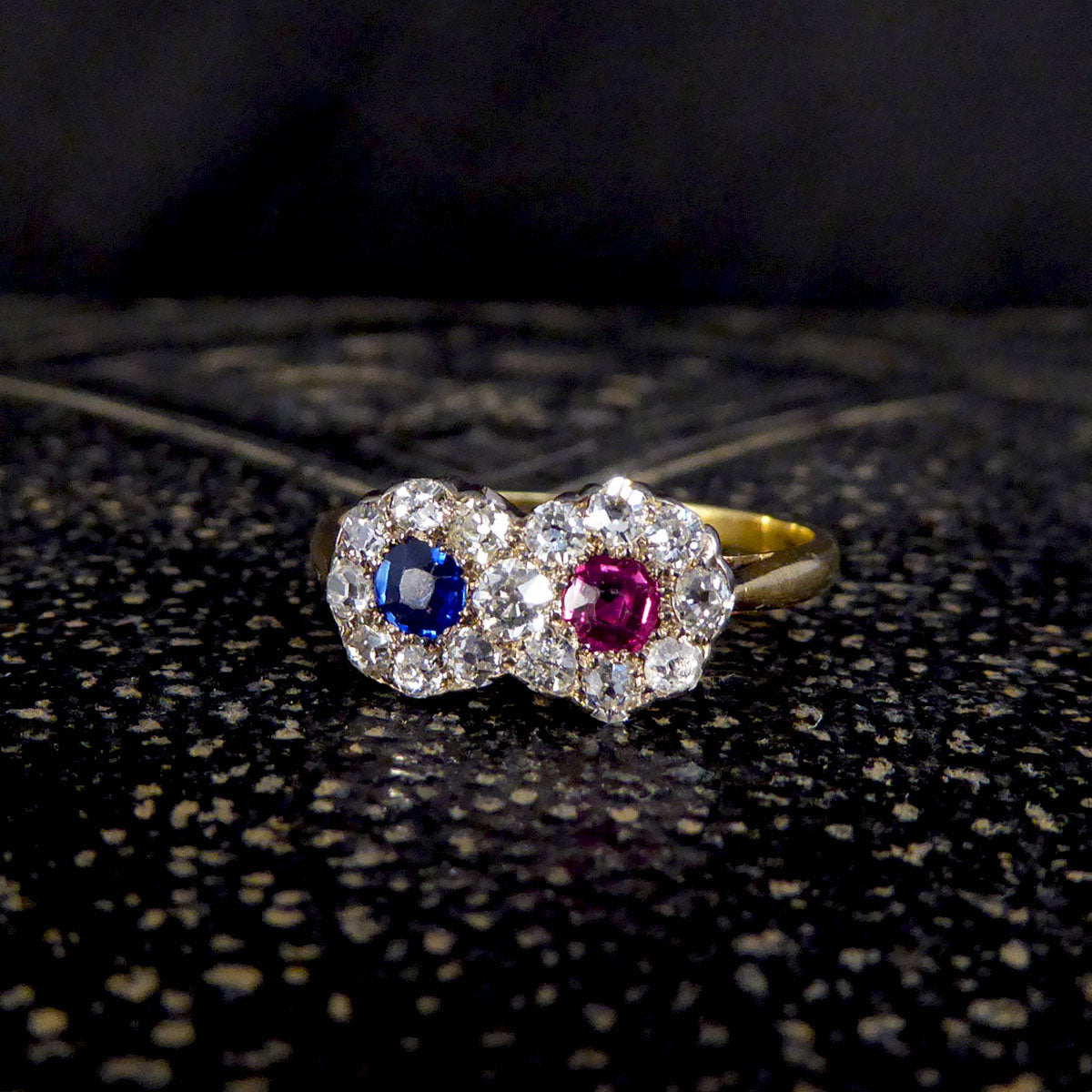 Edwardian Double Sapphire and Ruby Diamond Daisy Cluster Ring in 18ct Yellow Gold - Wharfedale Antiques