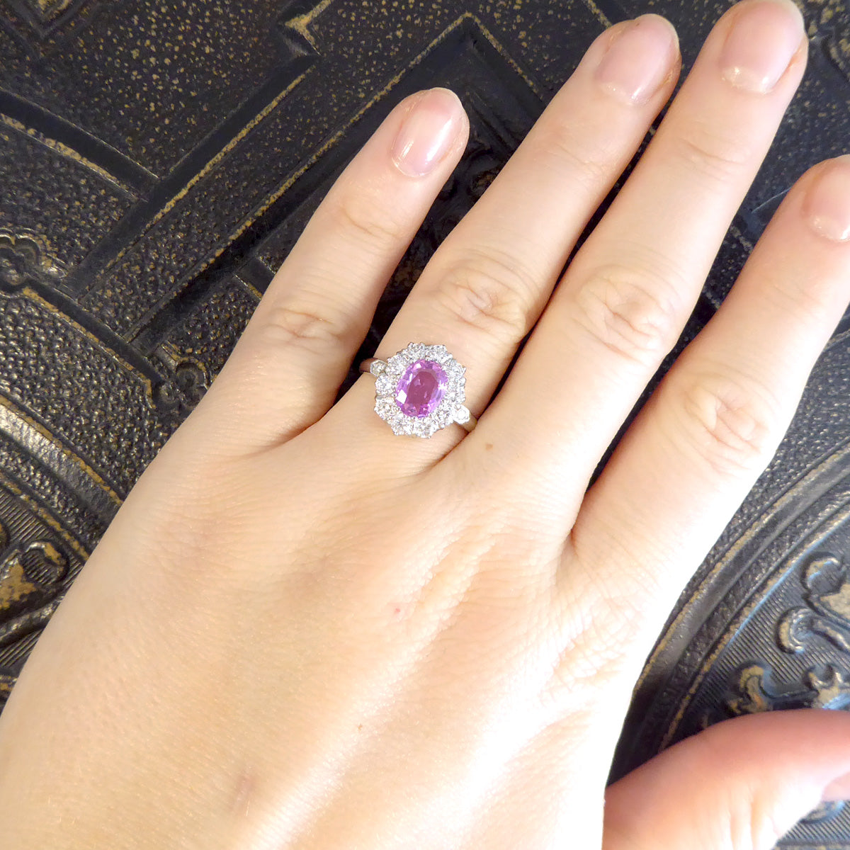 Contemporary Edwardian Style 1.15ct Pink Sapphire and Diamond Cluster Ring in Platinum
