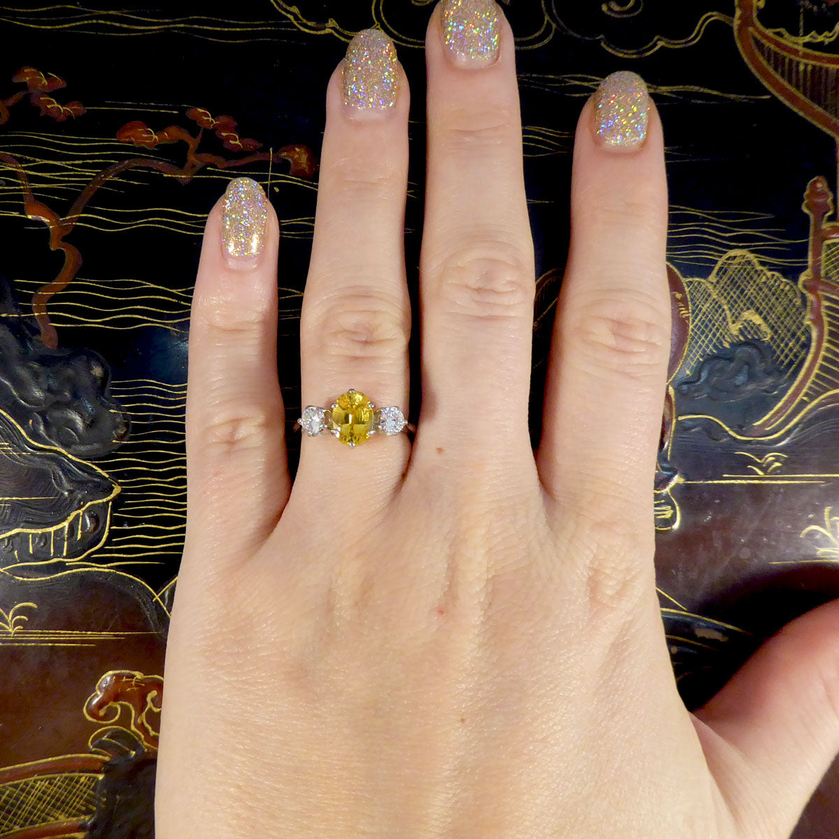 Contemporary 1.84ct Yellow Sapphire and Diamond Three Stone Ring in Platinum - Wharfedale Antiques