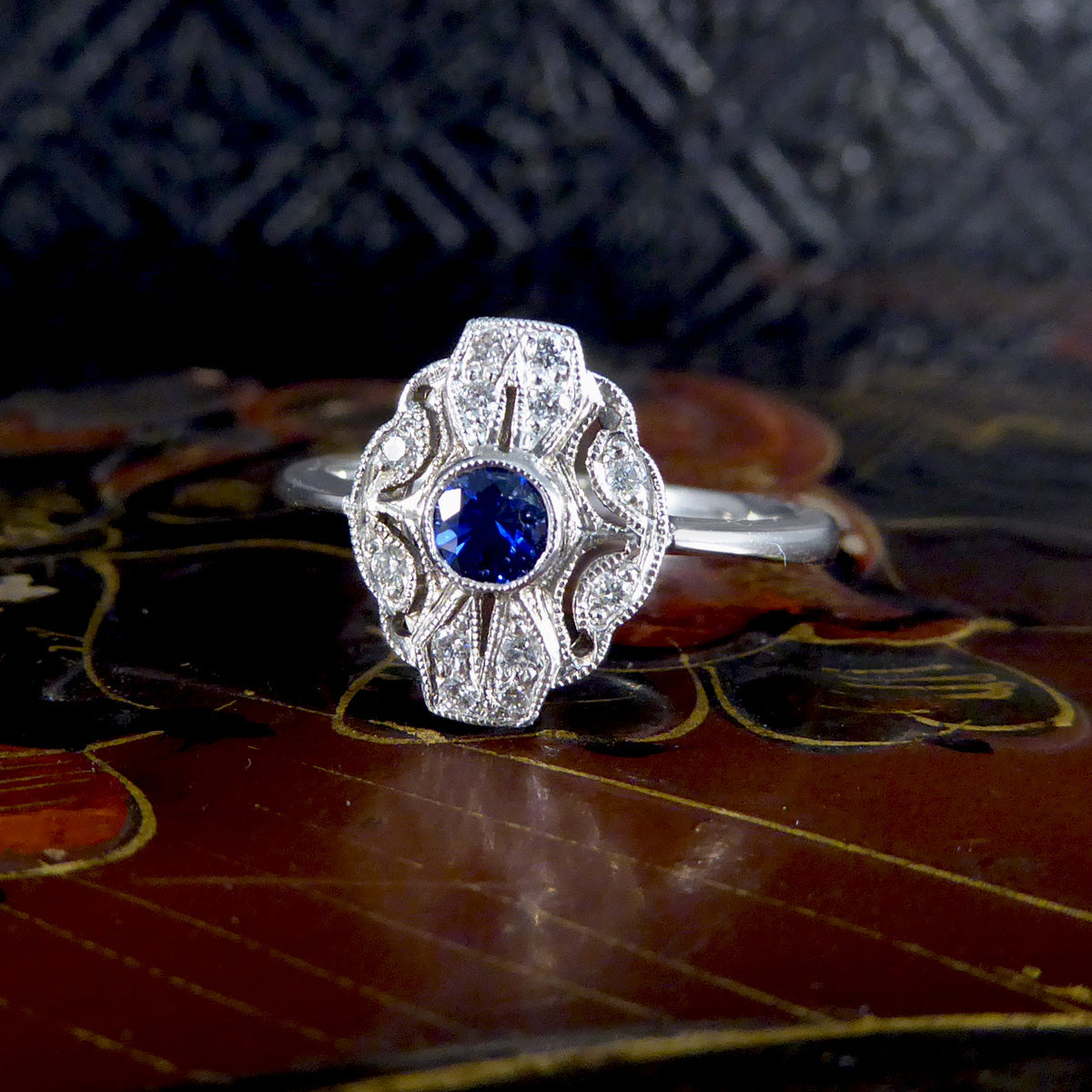 Premium Period Art Deco Replica Sapphire and Diamond Plaque Ring in 18ct White Gold