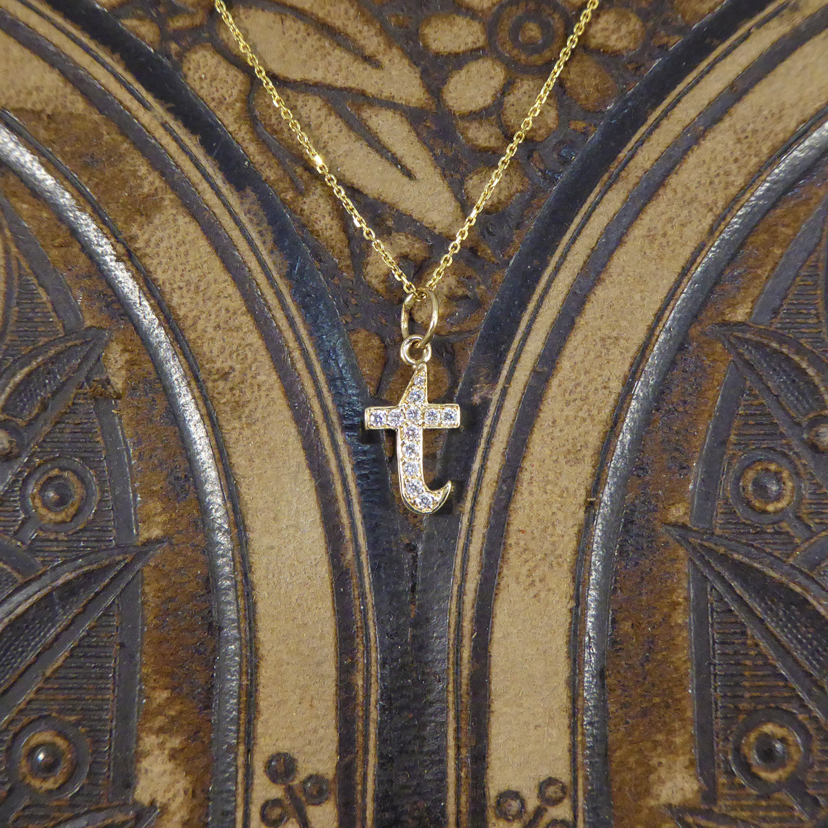 Diamond Set T Initial Pendant in 18ct Yellow Gold on a Yellow Gold Necklace Chain - Wharfedale Antiques