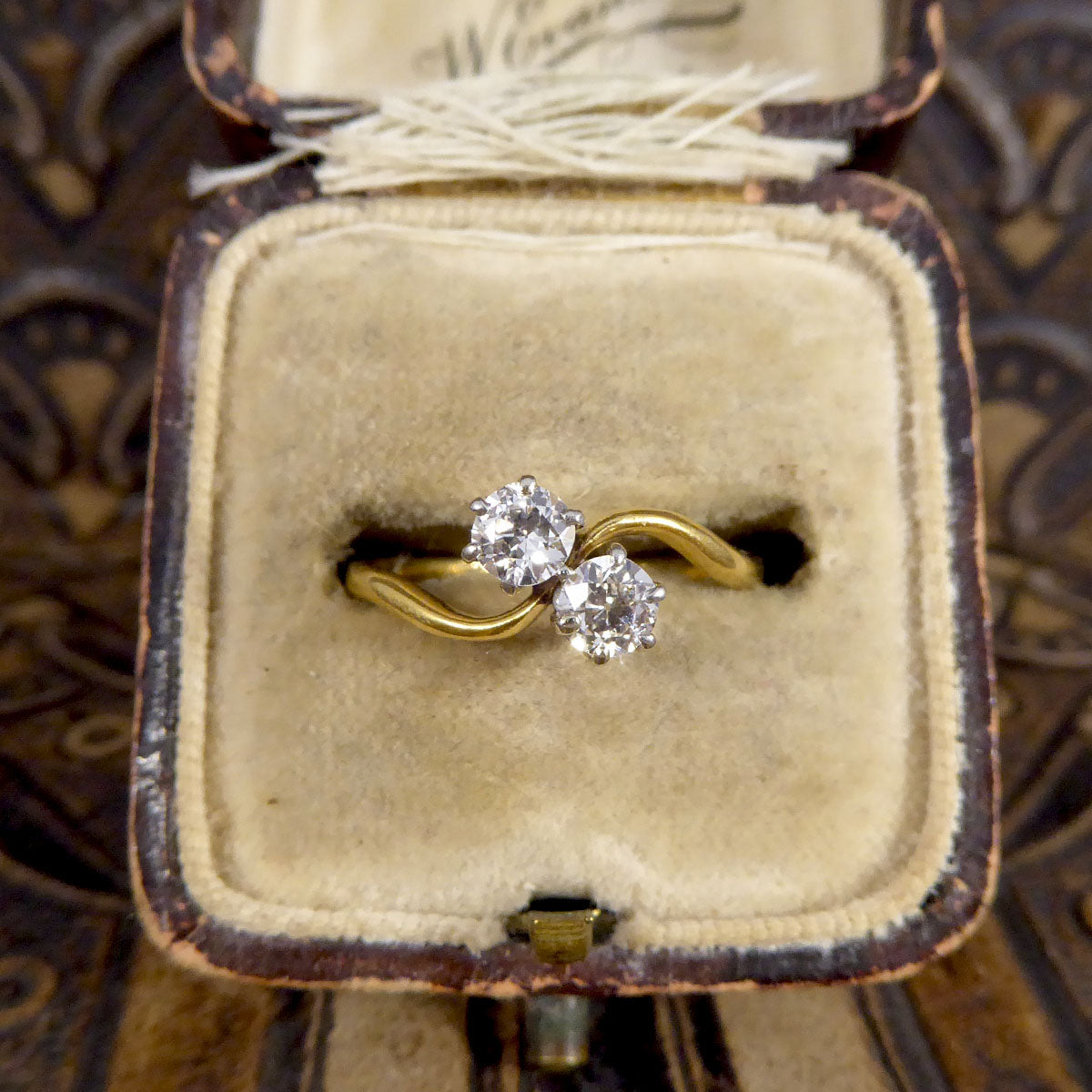 Antique Edwardian Two Stone 0.40ct Diamond Twist Ring in 18ct Yellow Gold - Wharfedale Antiques
