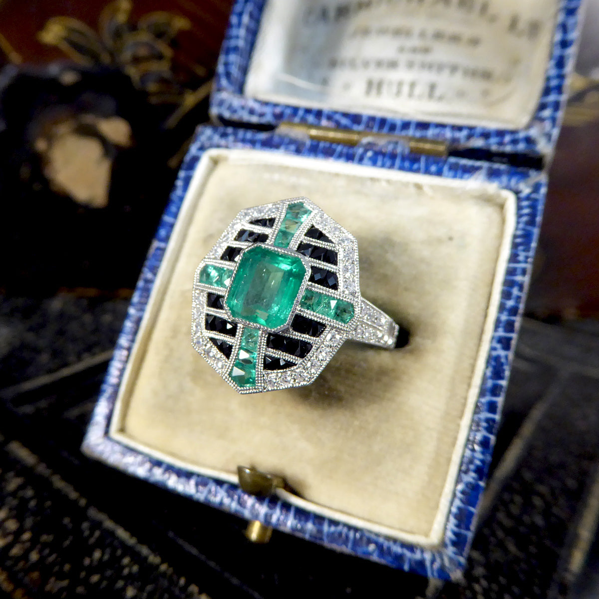 Art Deco Style Vintage Emerald Onyx and Diamond Geometric Cluster Ring in Platinum - Wharfedale Antiques