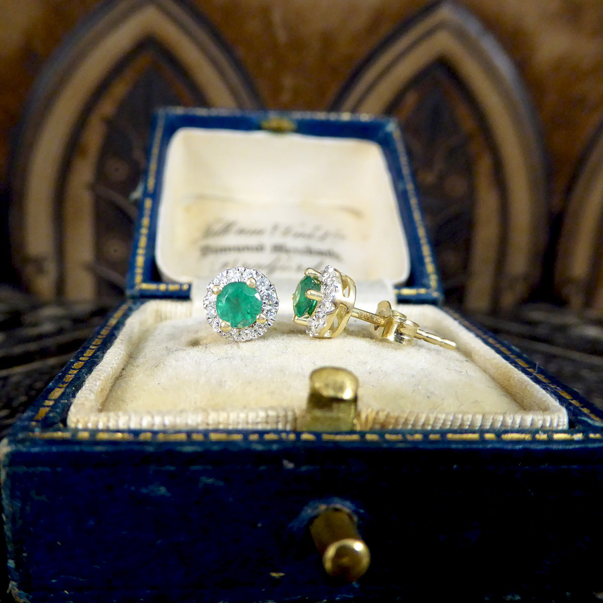 Emerald and Diamond Target Cluster Stud Earrings in 9ct White and Yellow Gold - Wharfedale Antiques