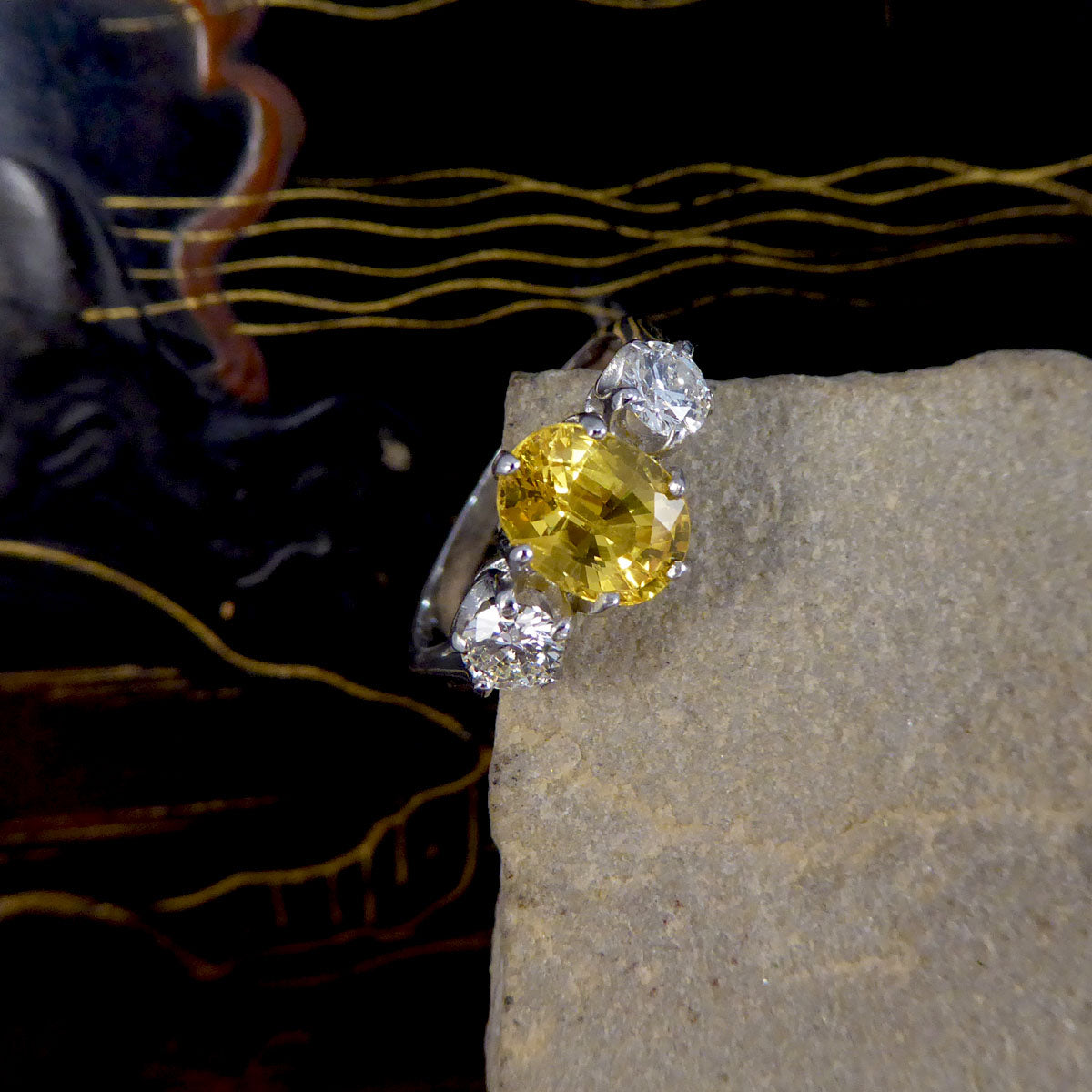 Contemporary 1.84ct Yellow Sapphire and Diamond Three Stone Ring in Platinum - Wharfedale Antiques