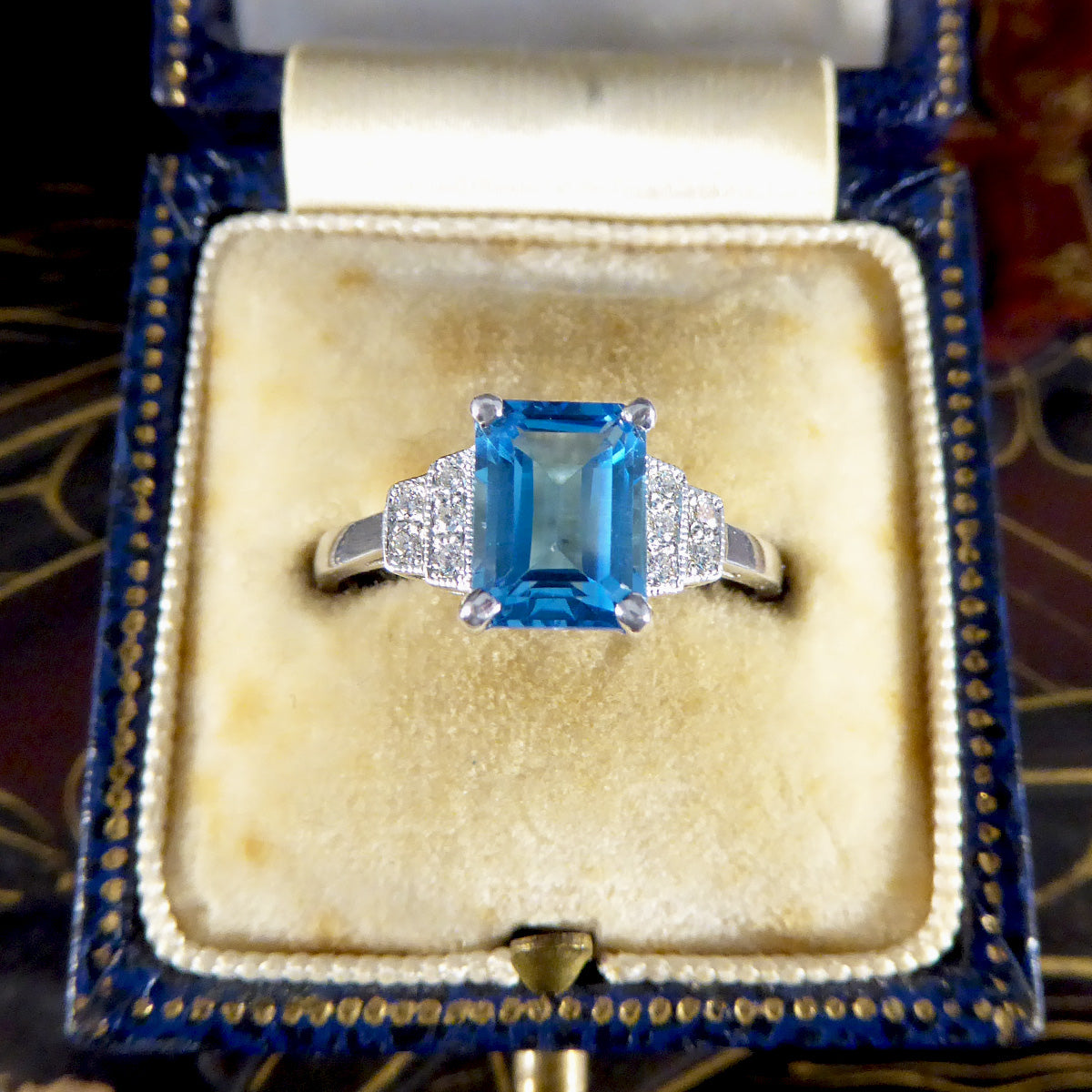 Art Deco Replica Blue Topaz and Diamond Ring in 9ct White Gold - Wharfedale Antiques