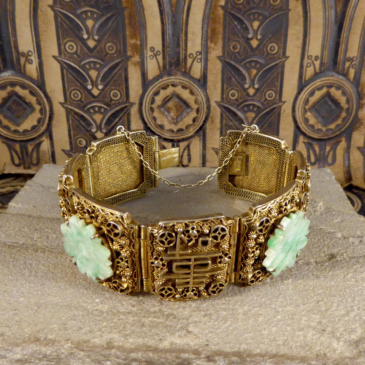 Vintage Jade Carved Flowered Wide Panel Bracelet with Chinese Proverbs in Gold Plated Chinese Silver - Wharfedale Antiques