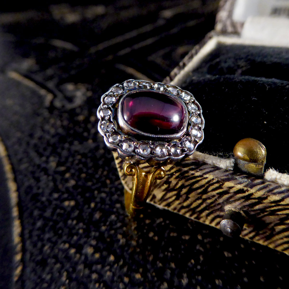 Antique Style Cabochon Garnet and Diamond Cluster Ring in 18ct Yellow Gold - Wharfedale Antiques