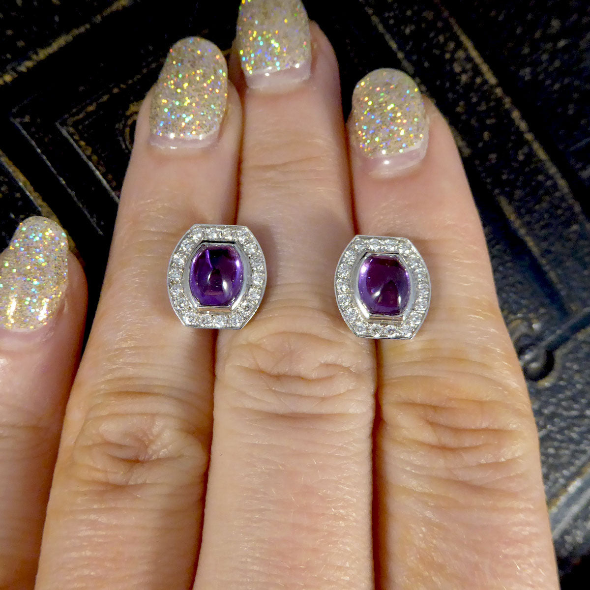3.40ct Cabochon Cut Purple Sapphire and Diamond Halo Cluster Stud Earrings - Wharfedale Antiques