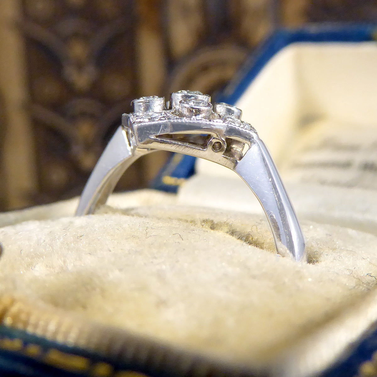 1920's Period Replica Geometric Pattern Diamond Ring in 18ct White Gold - Wharfedale Antiques