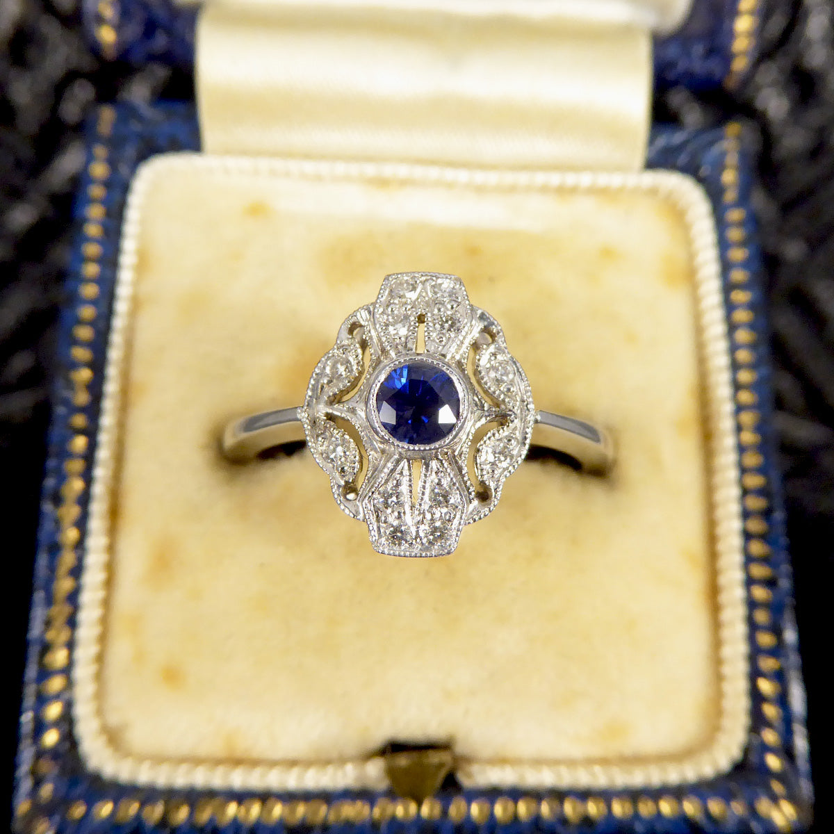 Premium Period Art Deco Replica Sapphire and Diamond Plaque Ring in 18ct White Gold - Wharfedale Antiques