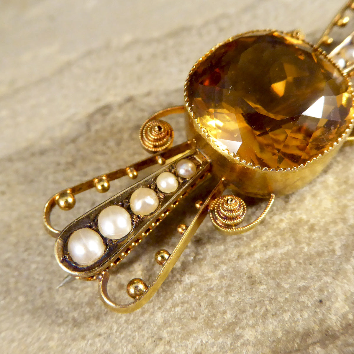 Antique C1900 Collar Set Citrene Brooch with Pearl and Dot Decorative Wings in 15ct Yellow Gold - Wharfedale Antiques