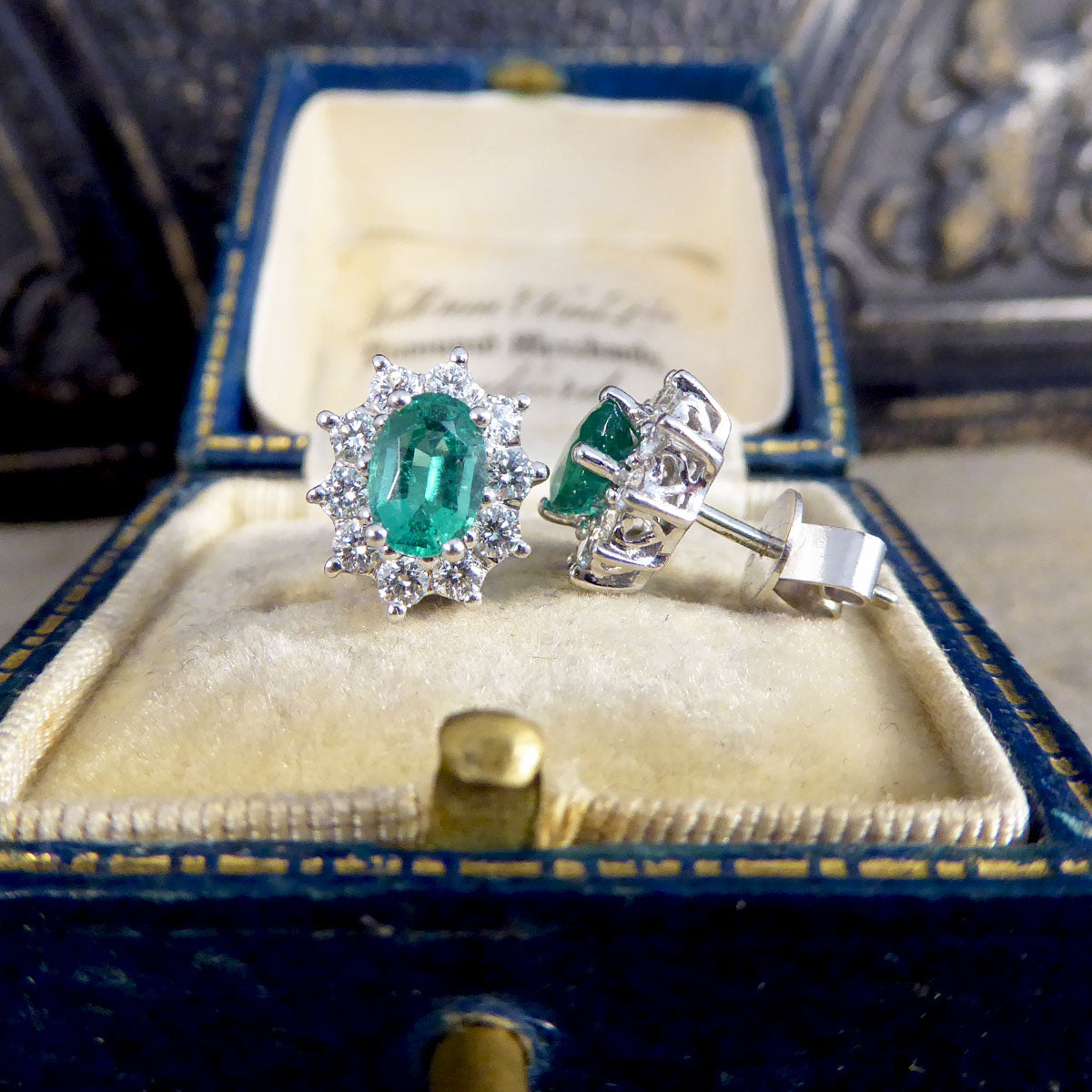 Contemporary Emerald and Diamond Cluster Earrings in 18ct White Gold