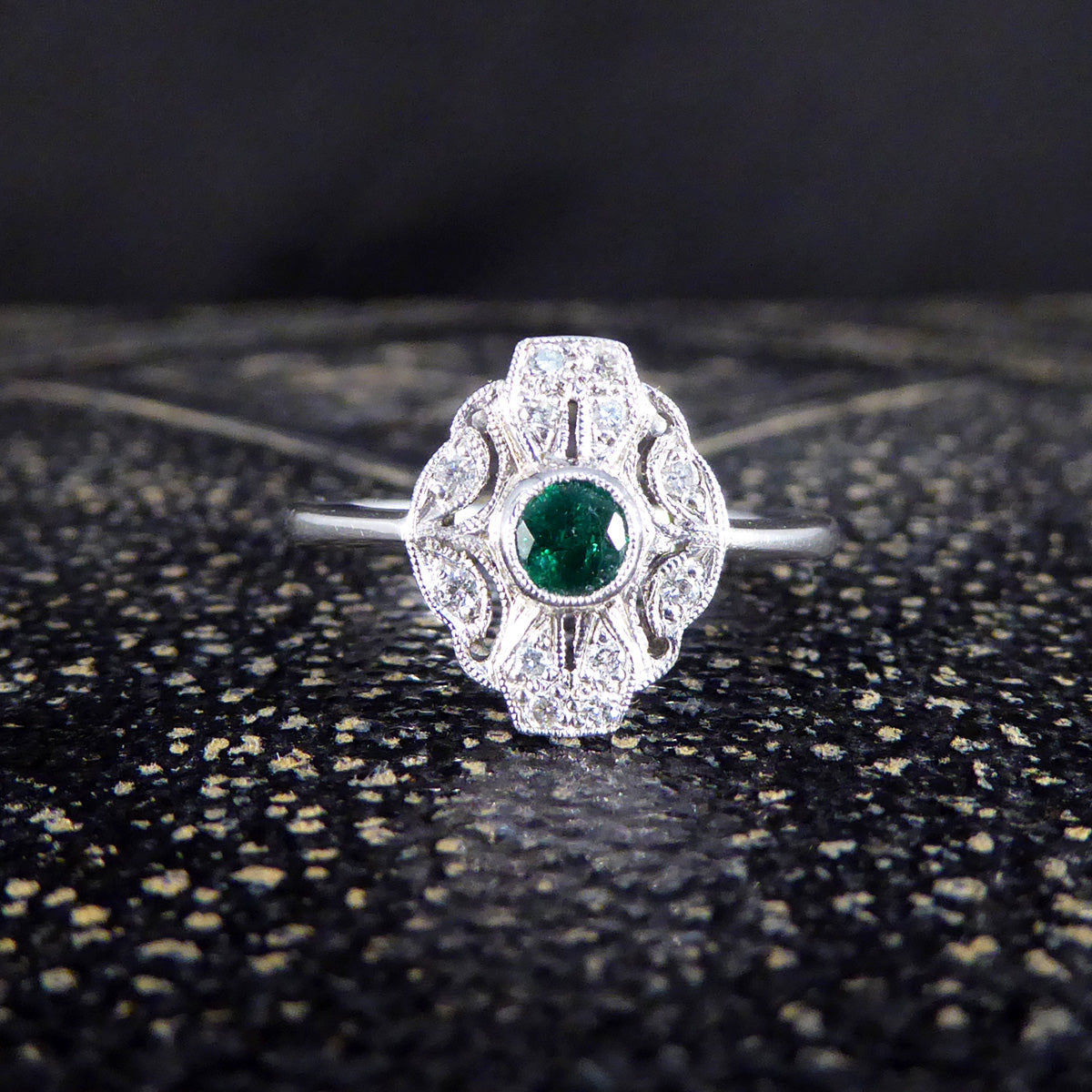 Premium Period Art Deco Replica Emerald and Diamond Plaque Ring in 18ct White Gold - Wharfedale Antiques