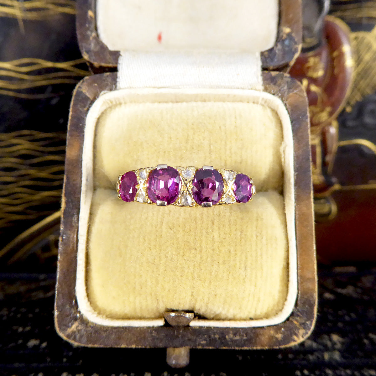 Antique Edwardian 1.18ct Ruby Four Stone Ring with Diamond Spacers Modelled in 18ct Yellow Gold - Wharfedale Antiques