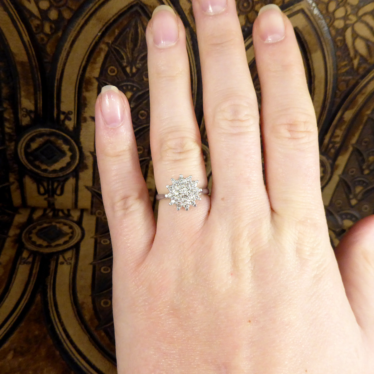 Vintage Diamond Flower Cluster Ring in 18ct White Gold - Wharfedale Antiques