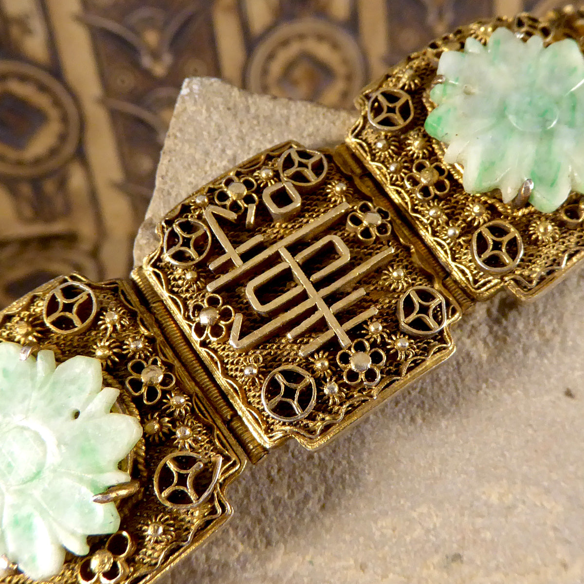 Vintage Jade Carved Flowered Wide Panel Bracelet with Chinese Proverbs in Gold Plated Chinese Silver - Wharfedale Antiques