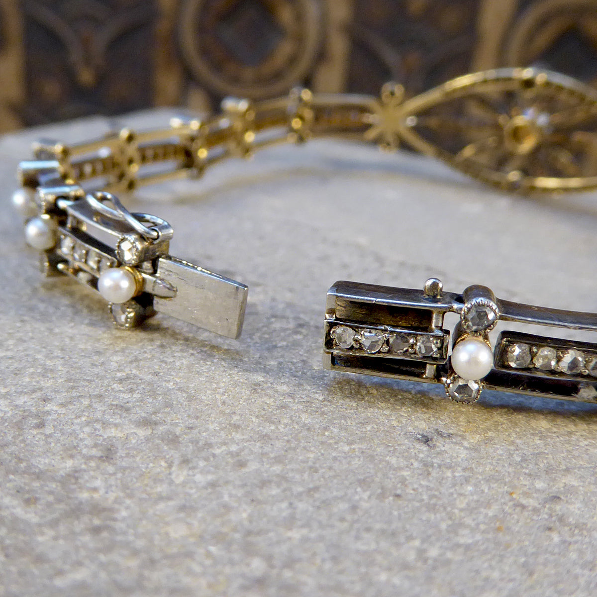 Late Victorian Diamond and Pearl Panel Bracelet in 15ct Yellow Gold and Silver - Wharfedale Antiques