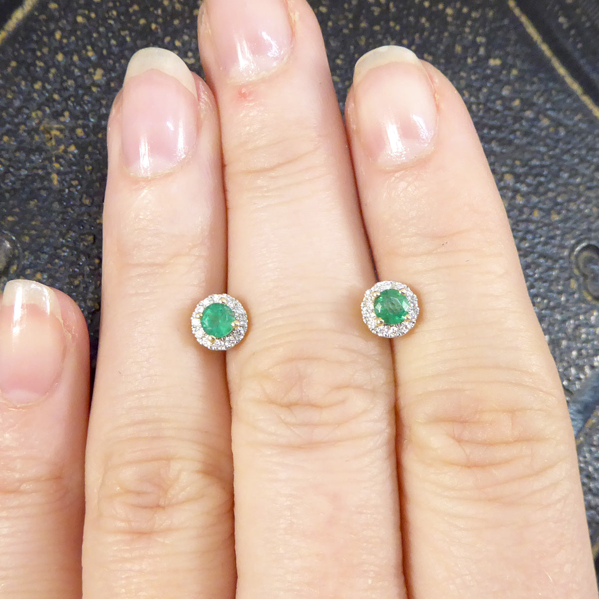 Emerald and Diamond Target Cluster Stud Earrings in 9ct White and Yellow Gold - Wharfedale Antiques