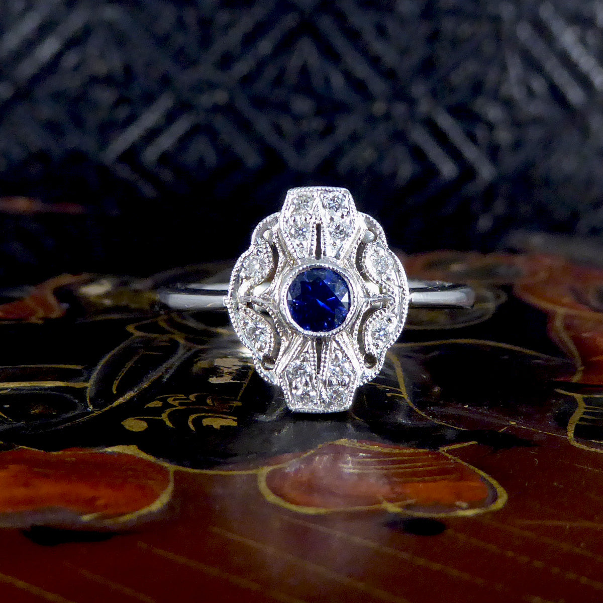 Premium Period Art Deco Replica Sapphire and Diamond Plaque Ring in 18ct White Gold - Wharfedale Antiques