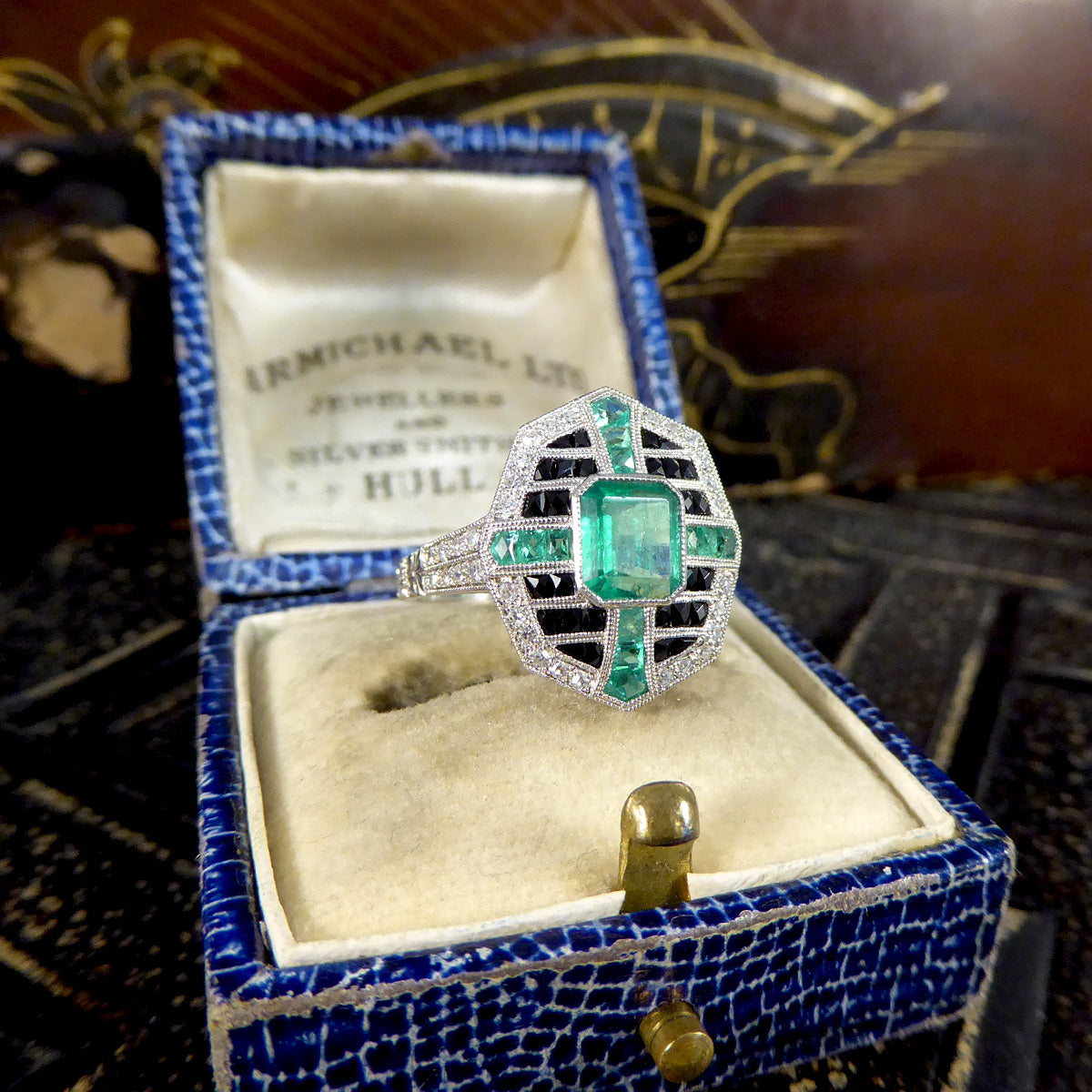 Art Deco Style Vintage Emerald Onyx and Diamond Geometric Cluster Ring in Platinum - Wharfedale Antiques