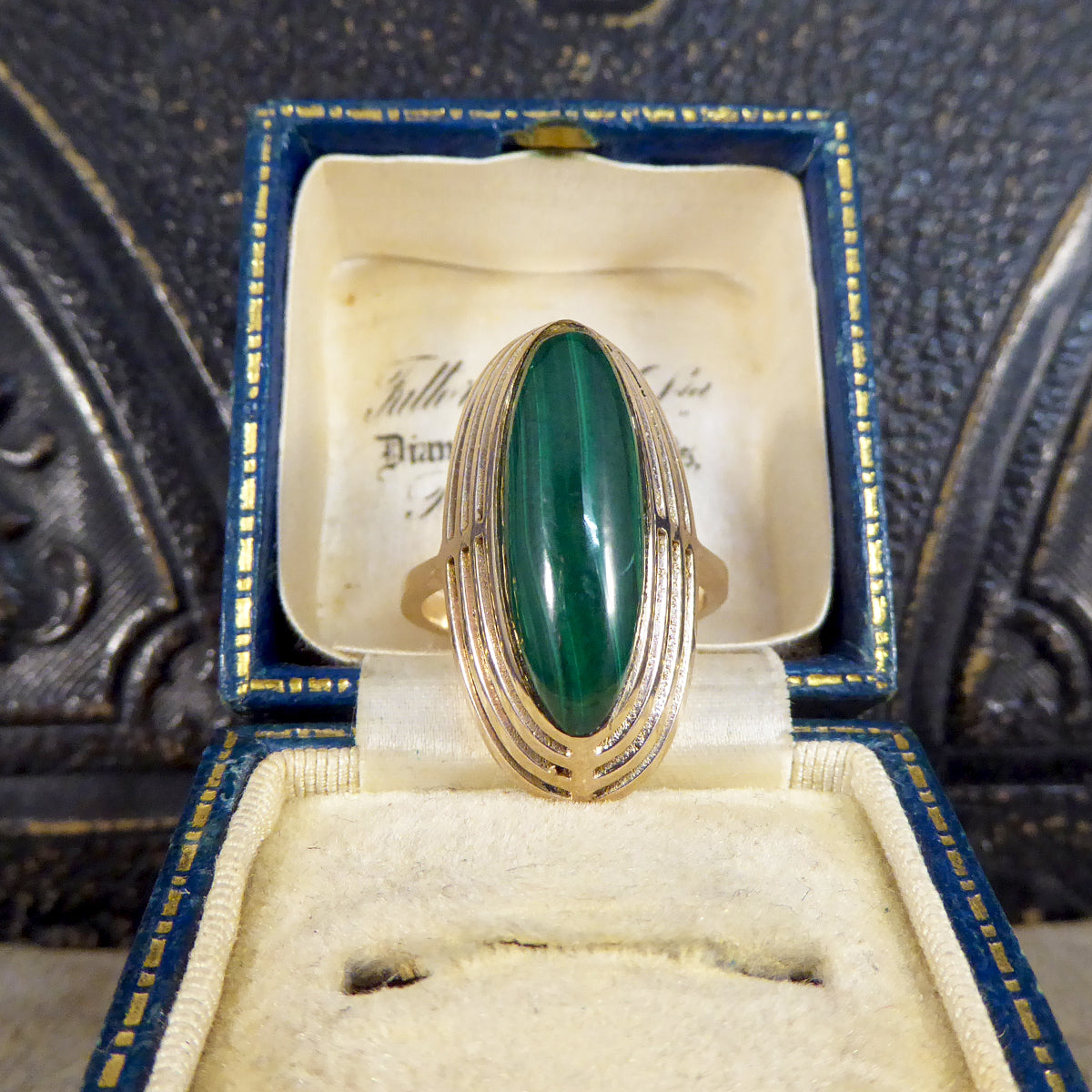 Art Deco High Set Malachite Ring in 9ct Yellow Gold - Wharfedale Antiques