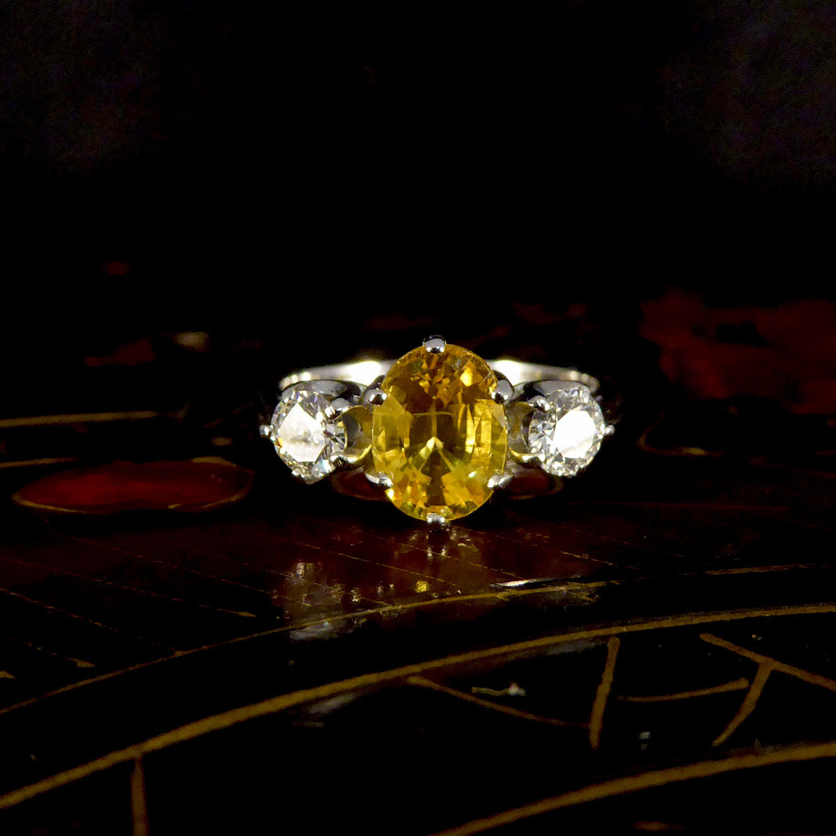 Contemporary 1.84ct Yellow Sapphire and Diamond Three Stone Ring in Platinum - Wharfedale Antiques