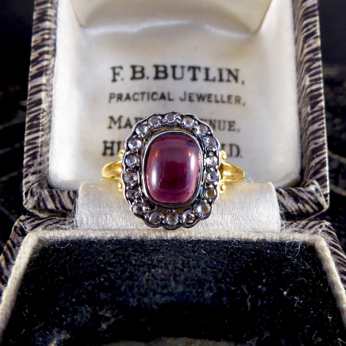 Antique Style Cabochon Garnet and Diamond Cluster Ring in 18ct Yellow Gold - Wharfedale Antiques