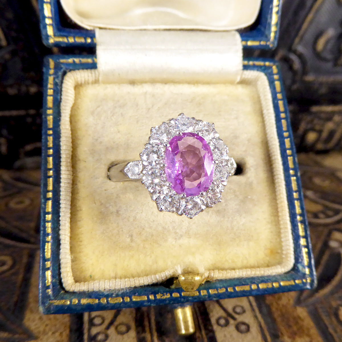 Contemporary Edwardian Style 1.15ct Pink Sapphire and Diamond Cluster Ring in Platinum