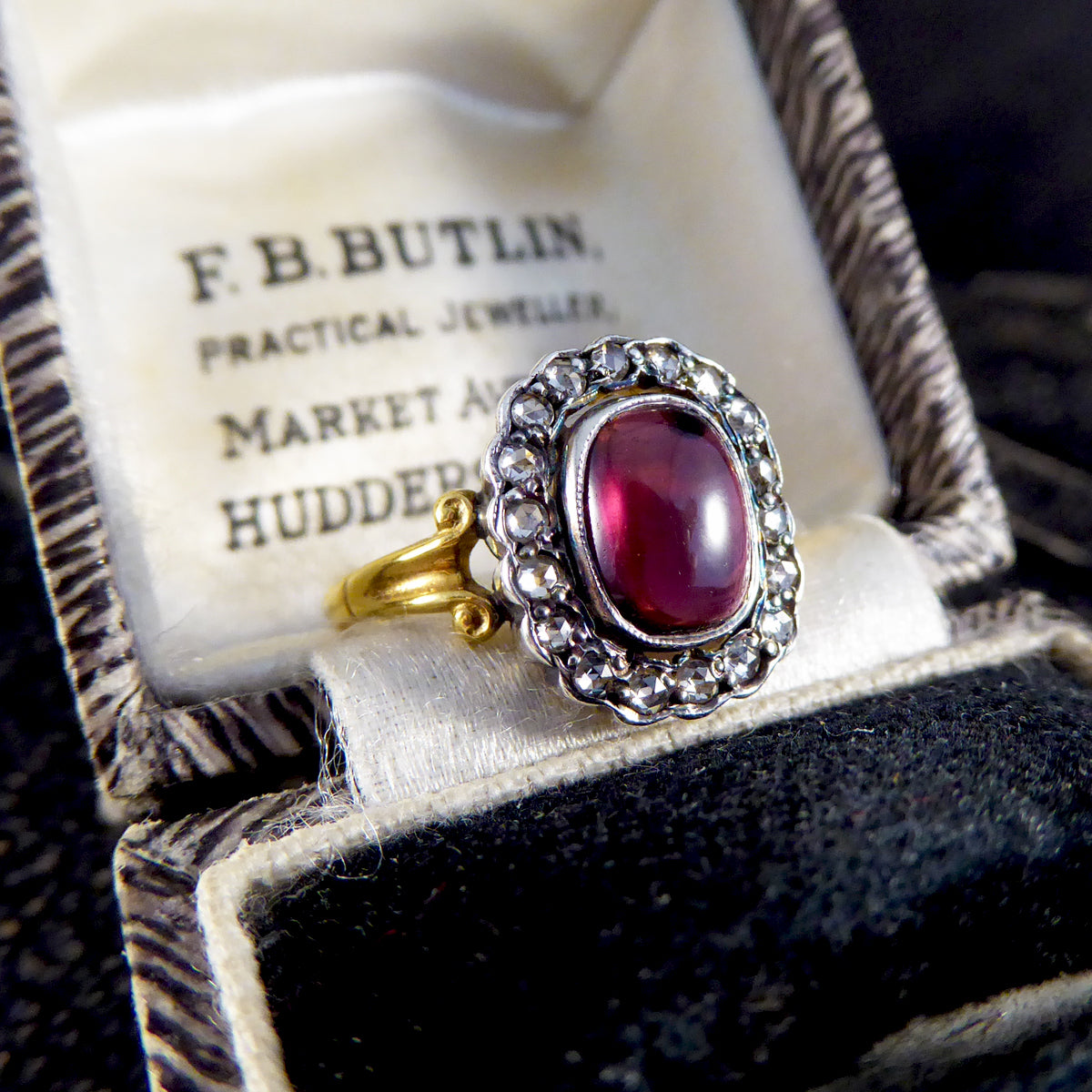 Antique Style Cabochon Garnet and Diamond Cluster Ring in 18ct Yellow Gold - Wharfedale Antiques