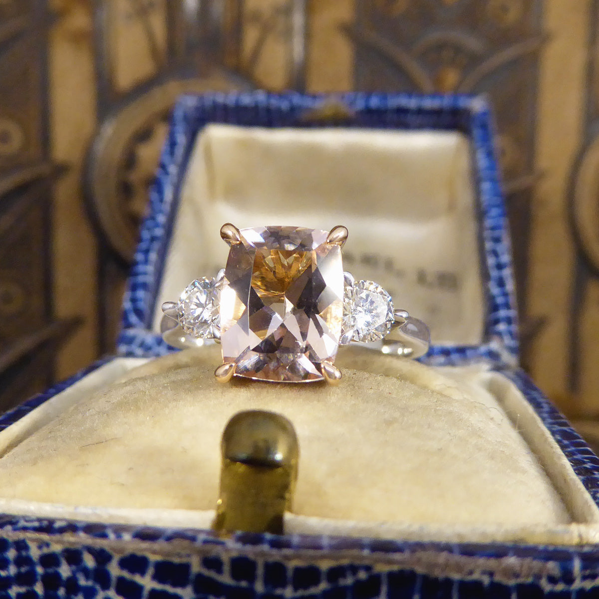 1.75ct Cushion Cut Pink Morganite and Diamond Three Stone Ring in 18ct Rose and White Gold - Wharfedale Antiques
