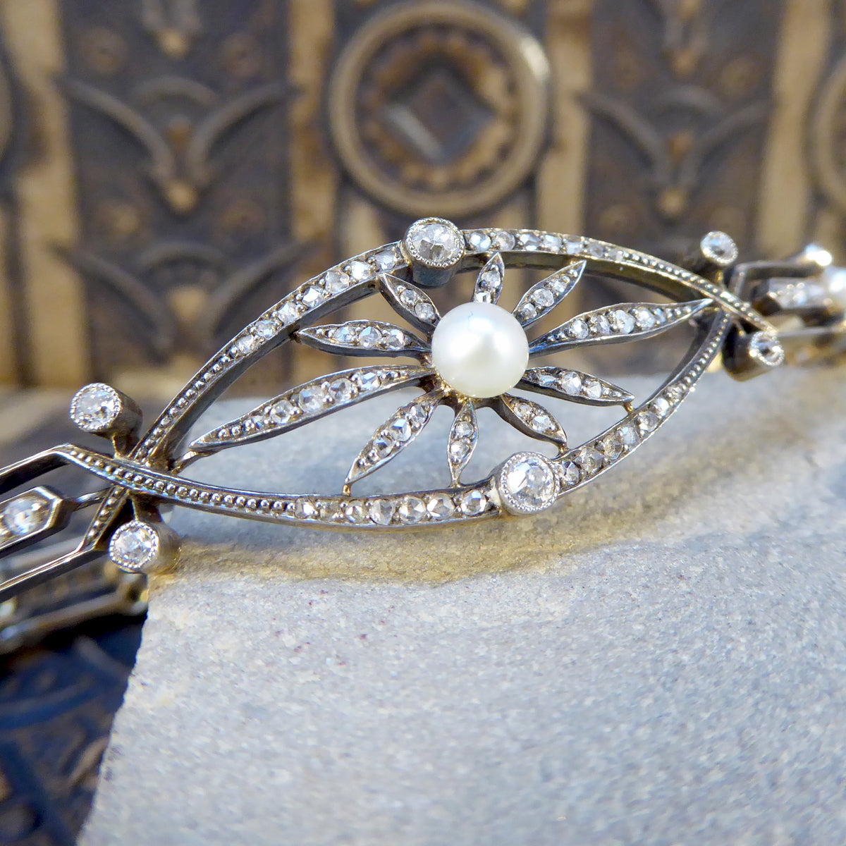 Late Victorian Diamond and Pearl Panel Bracelet in 15ct Yellow Gold and Silver - Wharfedale Antiques