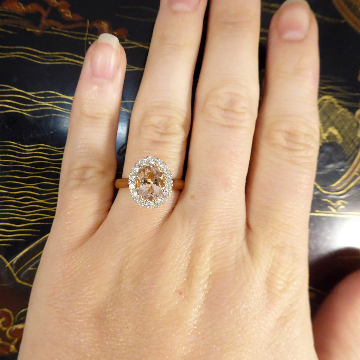 1.82ct Pink Morganite and Diamond Cluster Ring in 18ct White and Rose Gold - Wharfedale Antiques