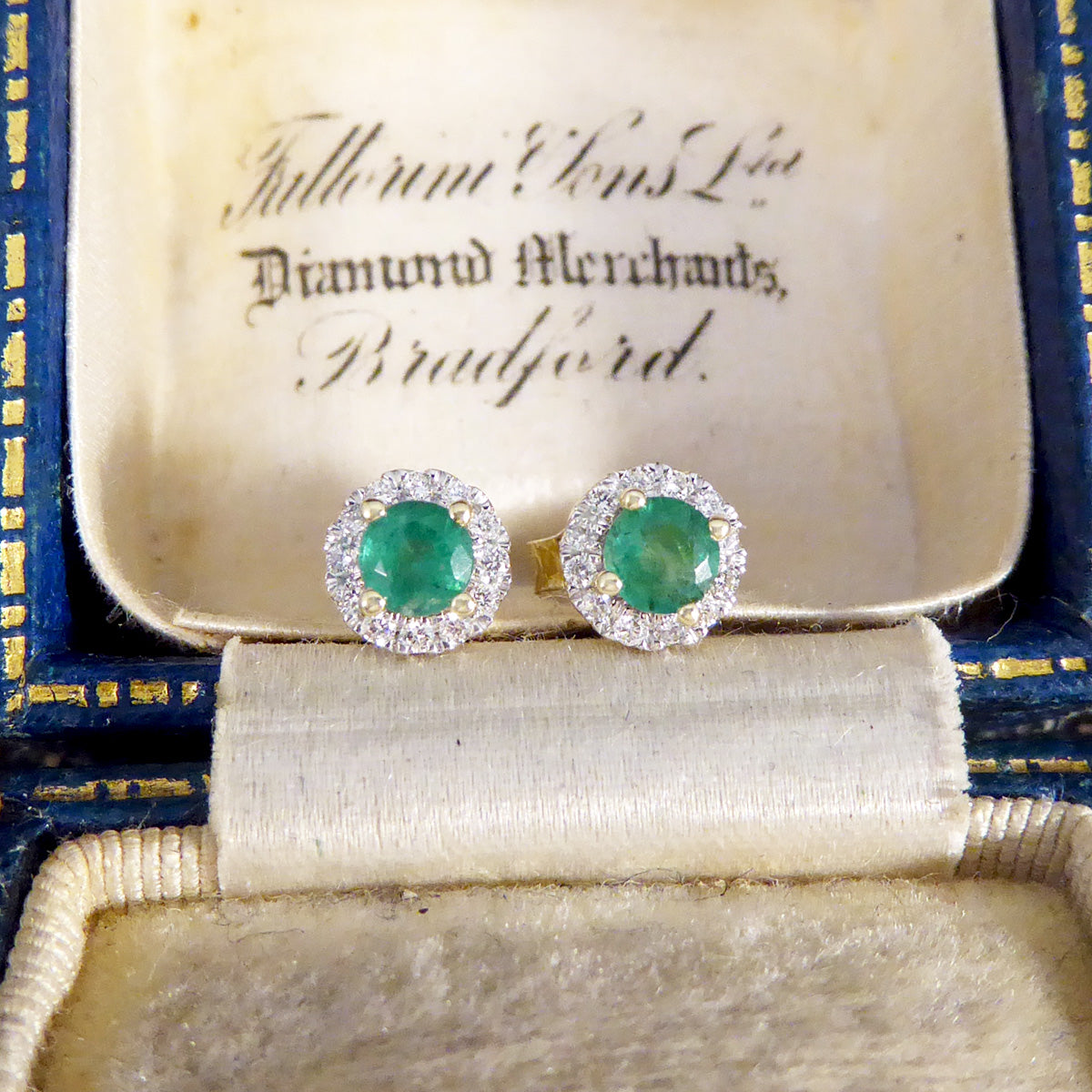 Emerald and Diamond Target Cluster Stud Earrings in 9ct White and Yellow Gold - Wharfedale Antiques