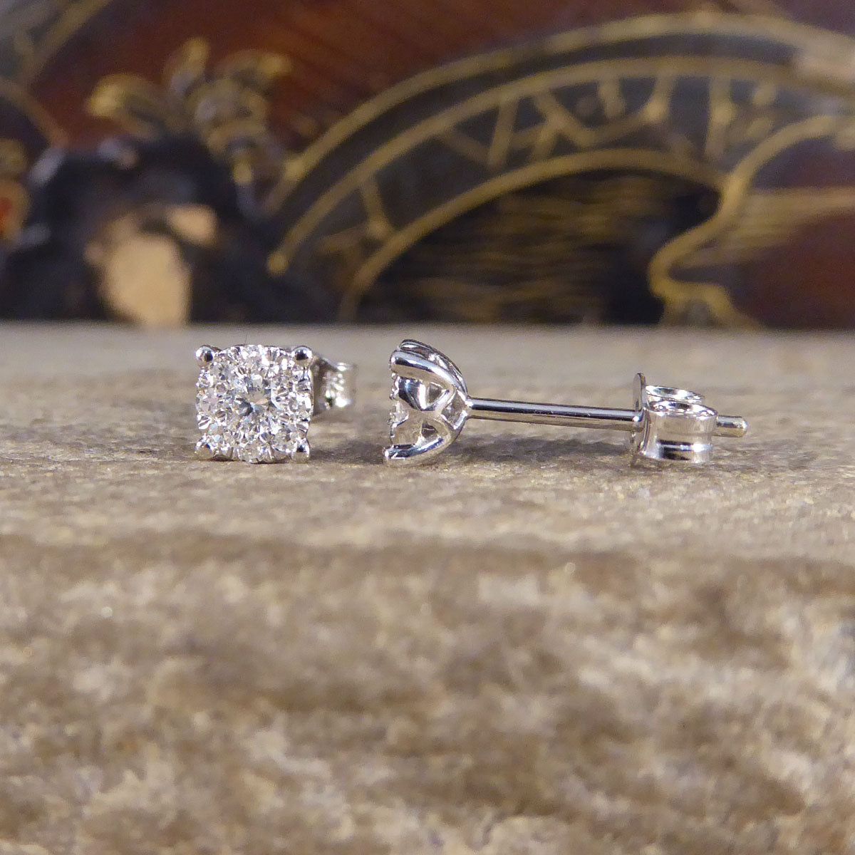 Contemporary 0.20ct Diamond Cluster and 1.00ct Look Earrings in White Gold - Wharfedale Antiques