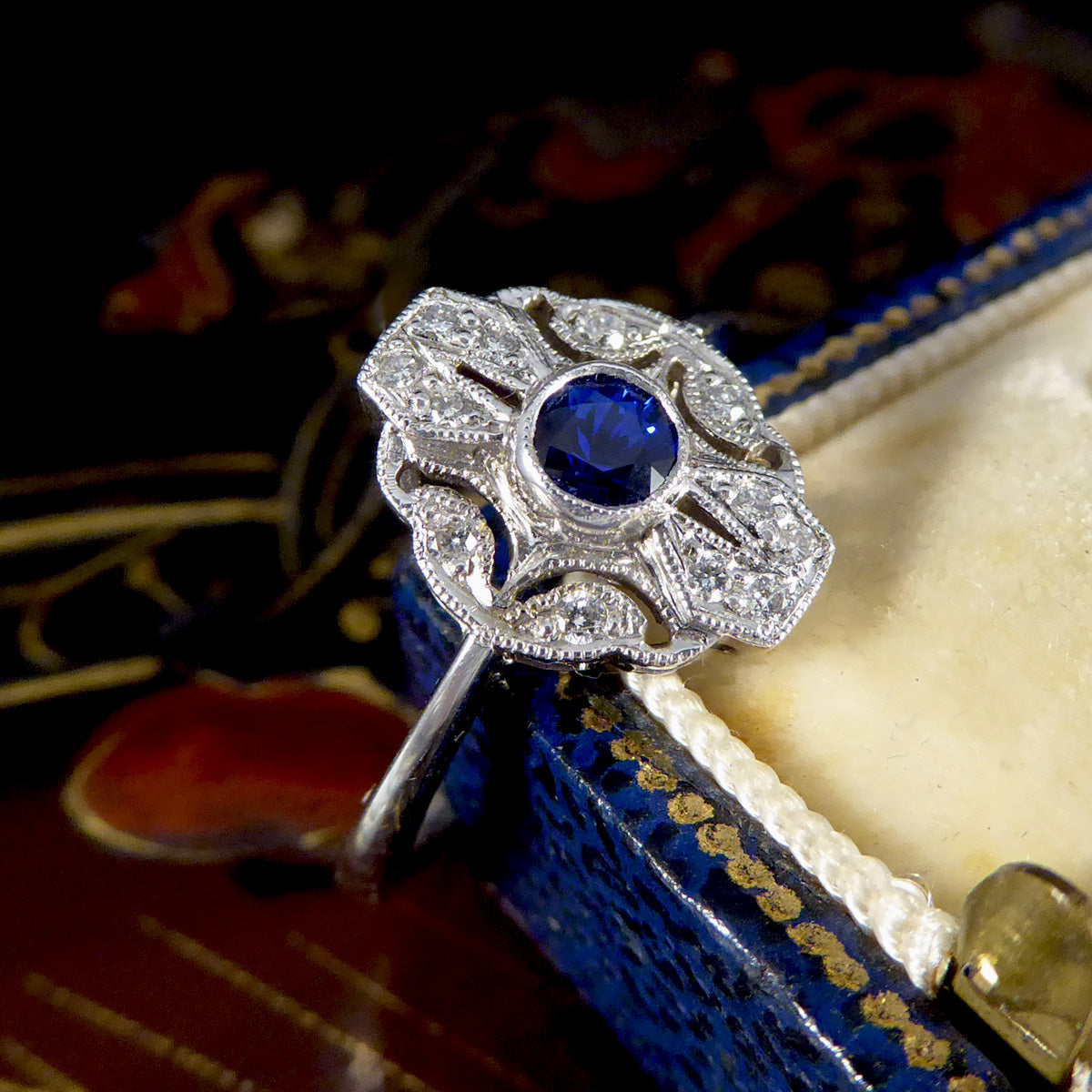 Premium Period Art Deco Replica Sapphire and Diamond Plaque Ring in 18ct White Gold - Wharfedale Antiques