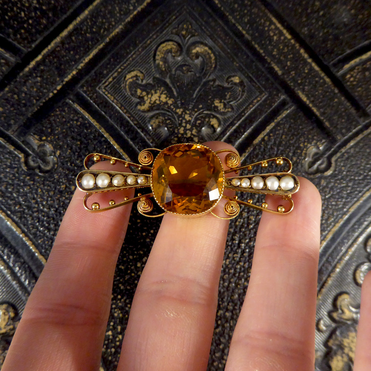 Antique C1900 Collar Set Citrene Brooch with Pearl and Dot Decorative Wings in 15ct Yellow Gold - Wharfedale Antiques