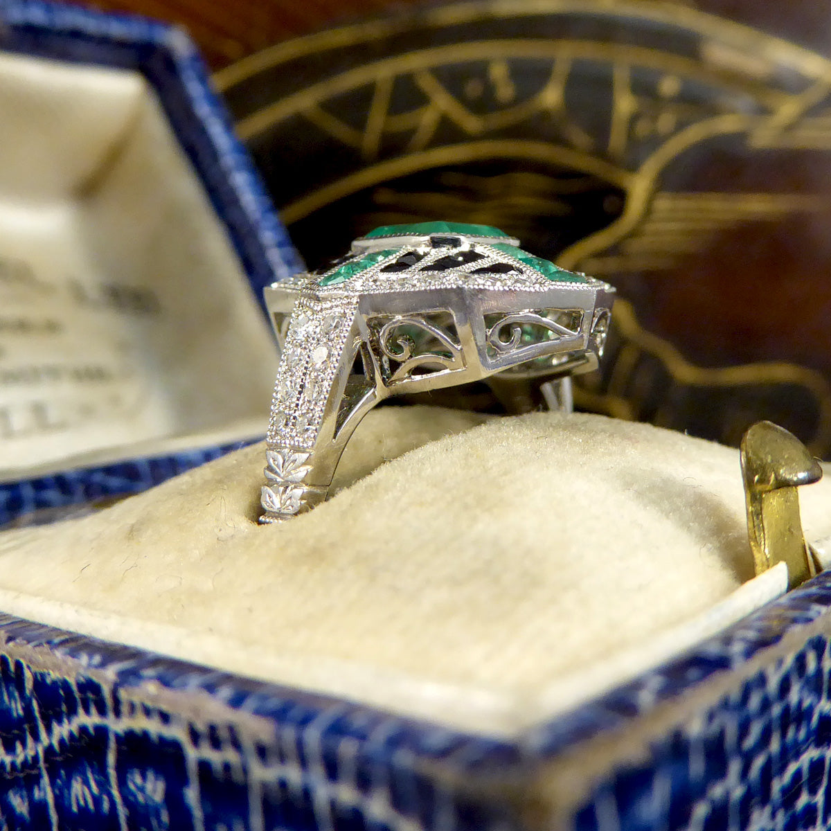 Art Deco Style Vintage Emerald Onyx and Diamond Geometric Cluster Ring in Platinum - Wharfedale Antiques