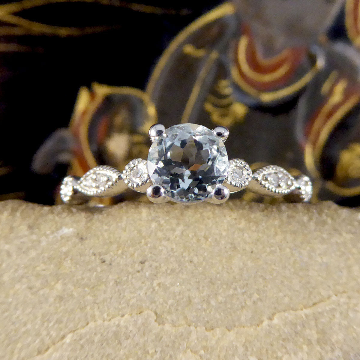 Aquamarine Solitaire Ring with Diamond Milgrain Shoulders in White Gold - Wharfedale Antiques